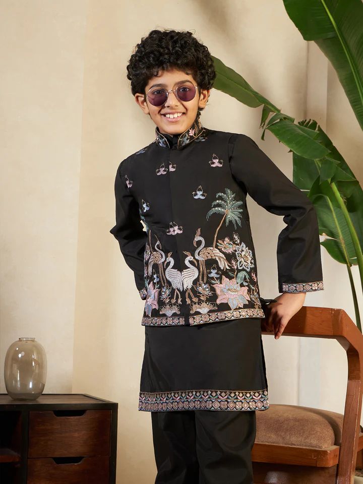 Teal Floral Embroidered Bandhgala Set