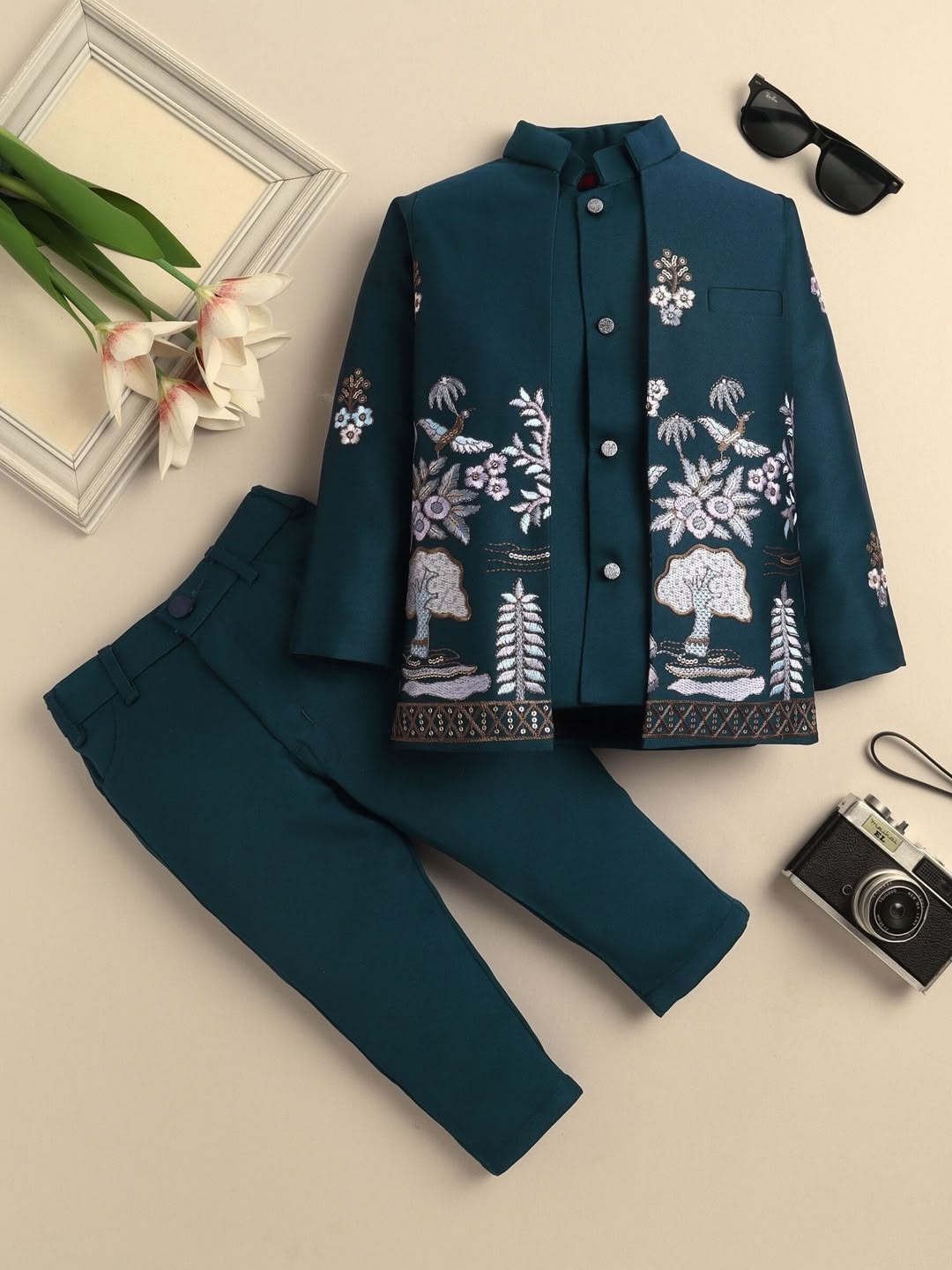 Teal Floral Embroidered Bandhgala Set