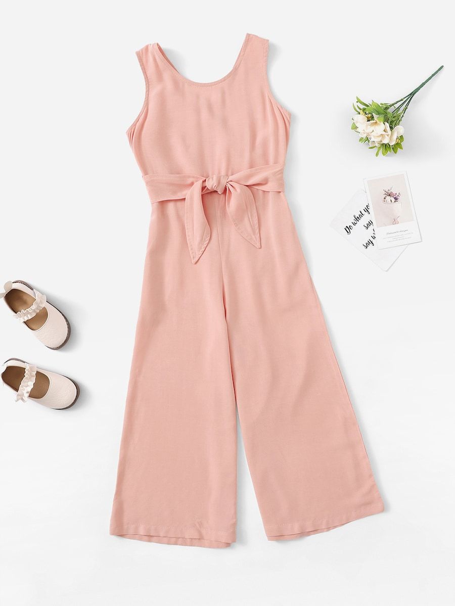 Girls Blush Pink Smocked Wide-Leg Jumpsuit