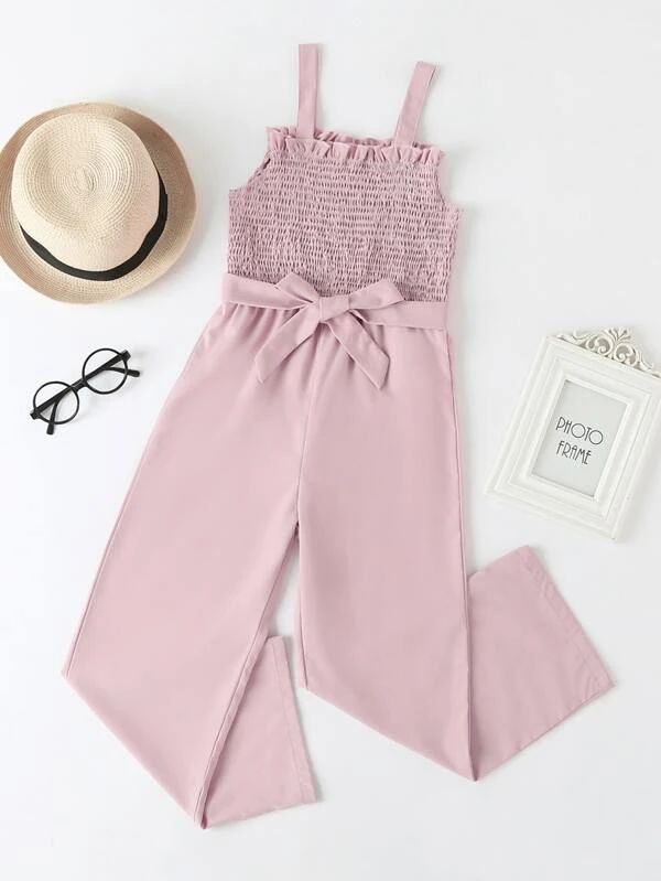 Girls Blush Pink Smocked Wide-Leg Jumpsuit