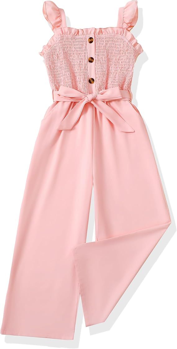 Girls Blush Pink Smocked Wide-Leg Jumpsuit
