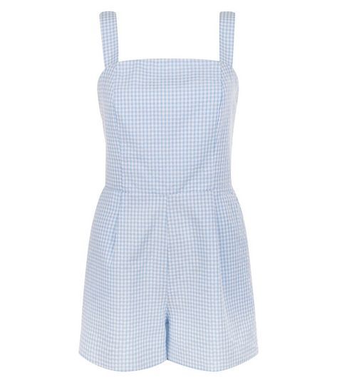 Girls Sky Blue Gingham Check Pinafore Romper