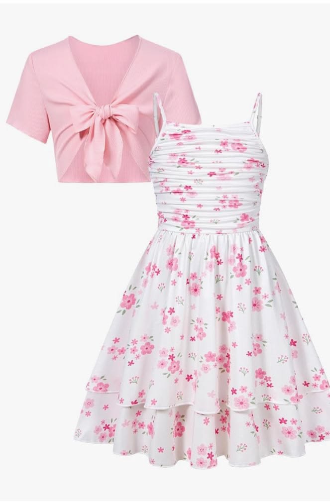Girls Pink Floral Tiered Dress with Tie-Front Shrug Set