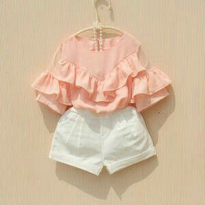 Girls Pastel Pink Off-Shoulder Flounce Top & Shorts Set