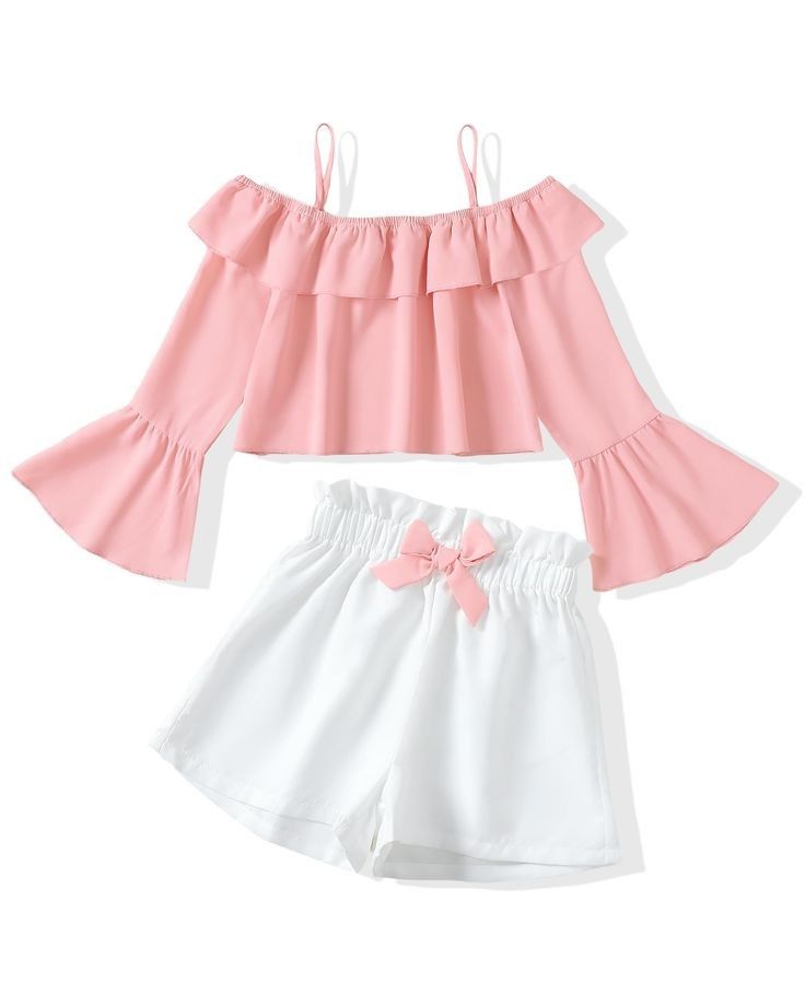 Girls Pastel Pink Off-Shoulder Flounce Top & Shorts Set