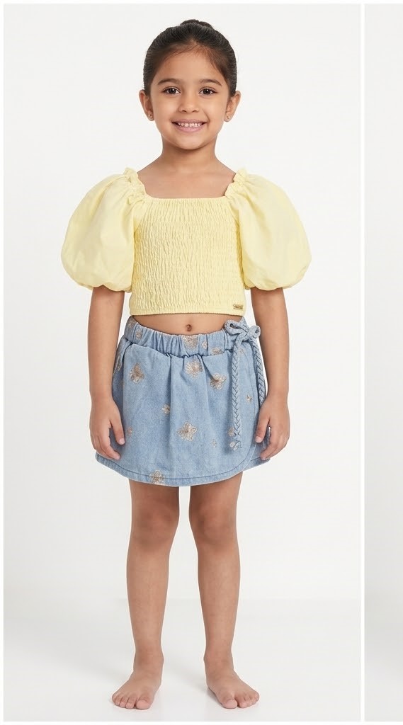 Girls Yellow Smocked Puff Sleeve Crop Top & Denim Skirt Set