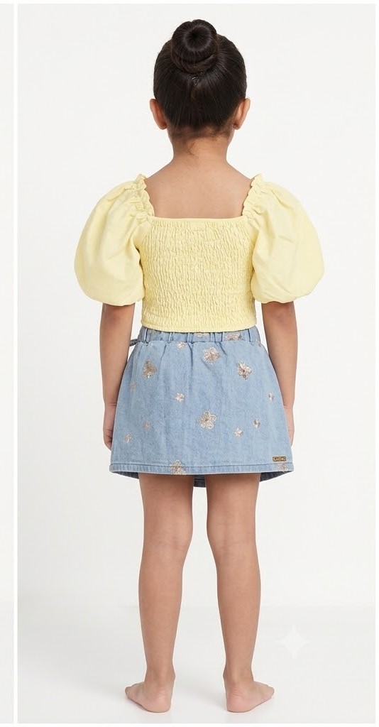 Girls Yellow Smocked Puff Sleeve Crop Top & Denim Skirt Set