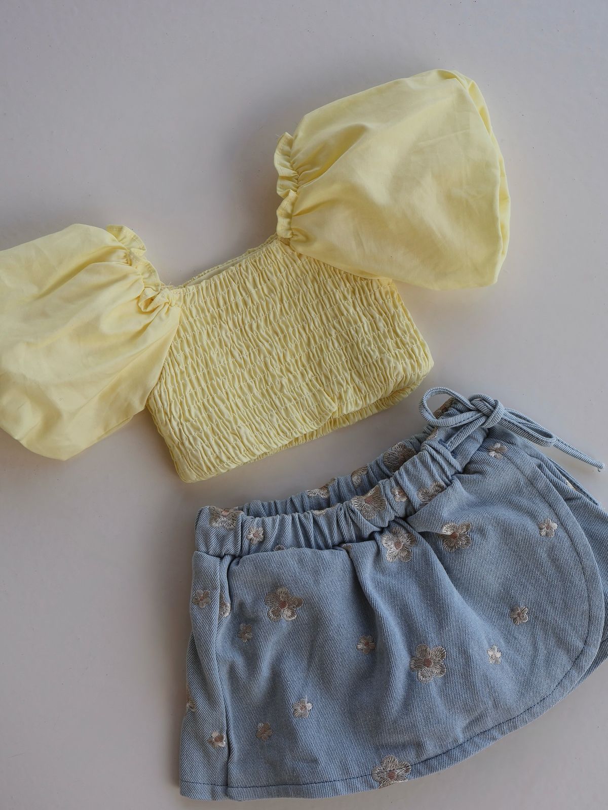 Girls Yellow Smocked Puff Sleeve Crop Top & Denim Skirt Set