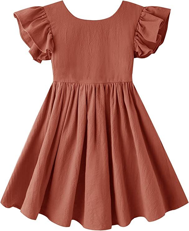 Girls Rust Brown Ruffle Sleeve Babydoll Dress