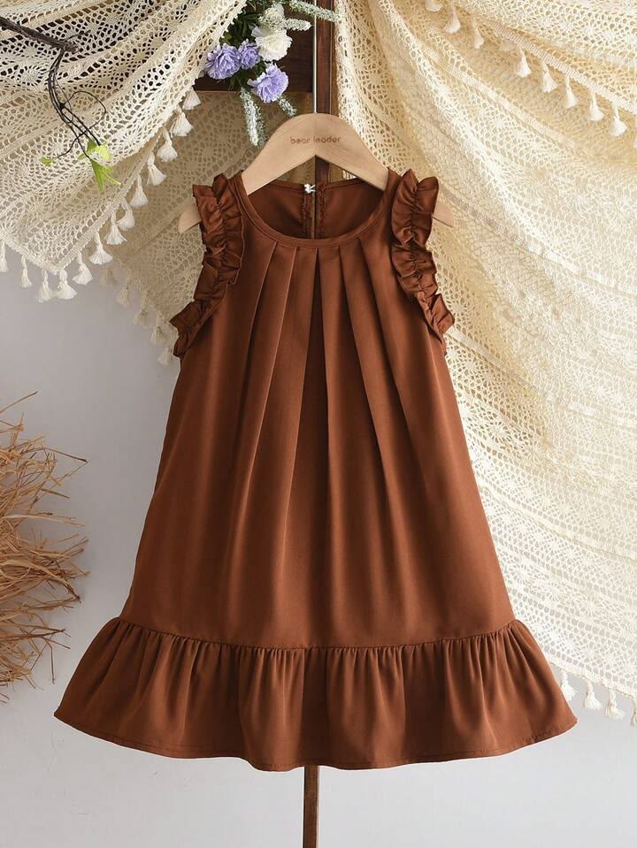 Girls Rust Brown Ruffle Sleeve Babydoll Dress