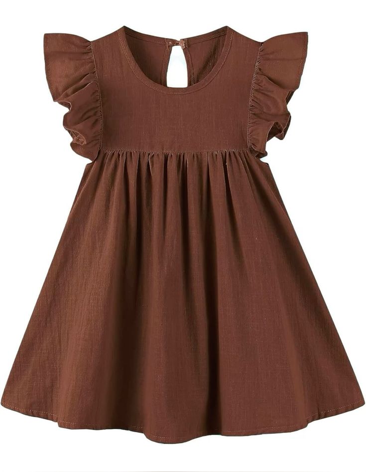 Girls Rust Brown Ruffle Sleeve Babydoll Dress
