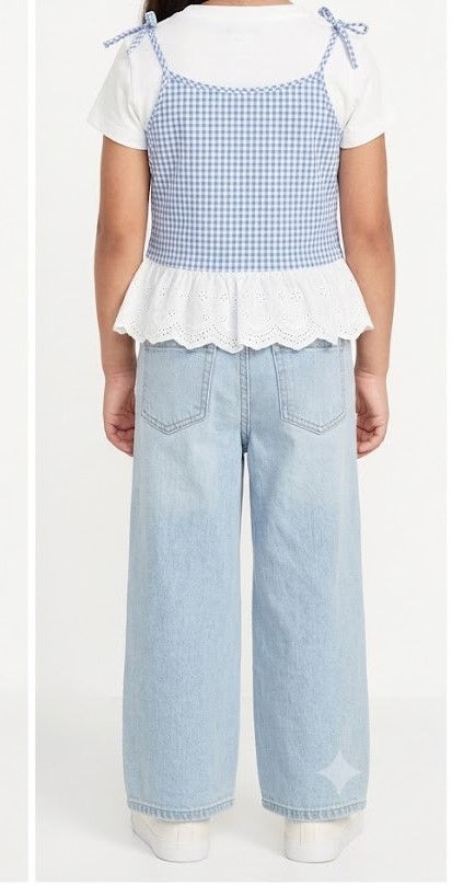 Girls Gingham Peplum Cami & Wide-Leg Jeans Set