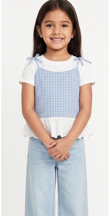 Girls Gingham Peplum Cami & Wide-Leg Jeans Set