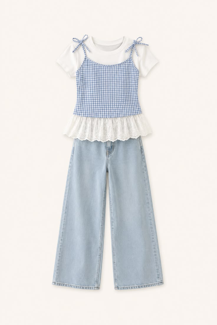 Girls Gingham Peplum Cami & Wide-Leg Jeans Set