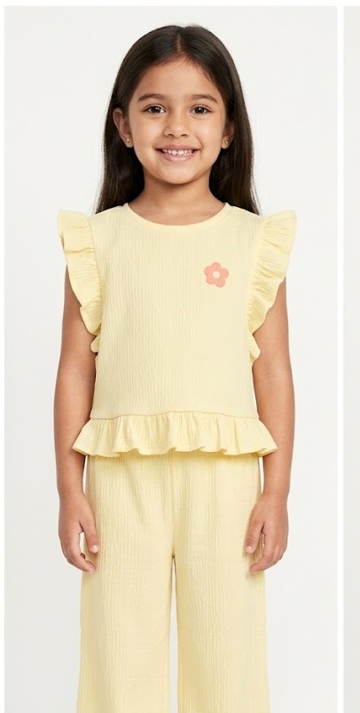 Girls Pastel Yellow Ruffle Top & Flared Pants Set