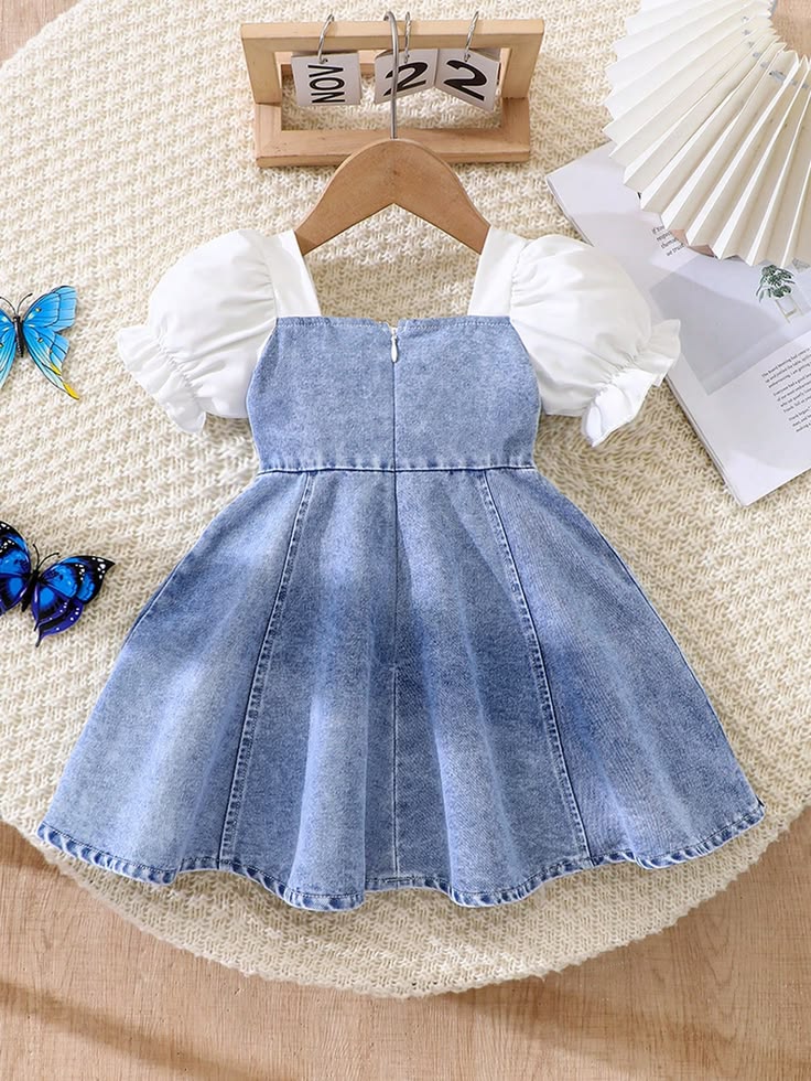 Girls Denim Pinafore Dress with Puff Sleeves & Bow Accent