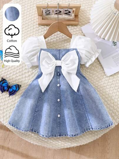 Girls Denim Pinafore Dress with Puff Sleeves & Bow Accent