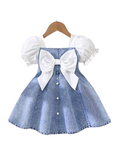 Girls Denim Pinafore Dress with Puff Sleeves & Bow Accent