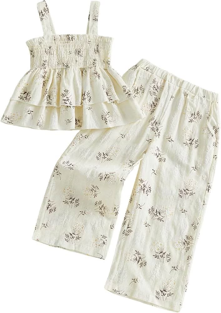Girls Floral Print Smocked Peplum Cami & Trousers Set