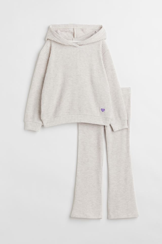 Girls Oatmeal Ribbed Hoodie & Flare Leggings Lounge Set