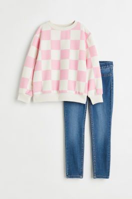 Girls Pink Checkered Sweatshirt & Denim Jeans Set
