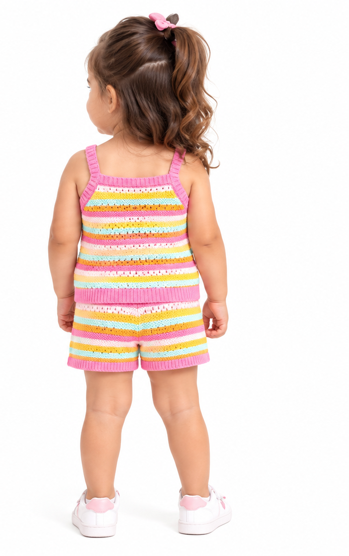 Girls Pastel Multi-Stripe Knit Cami & Shorts Set