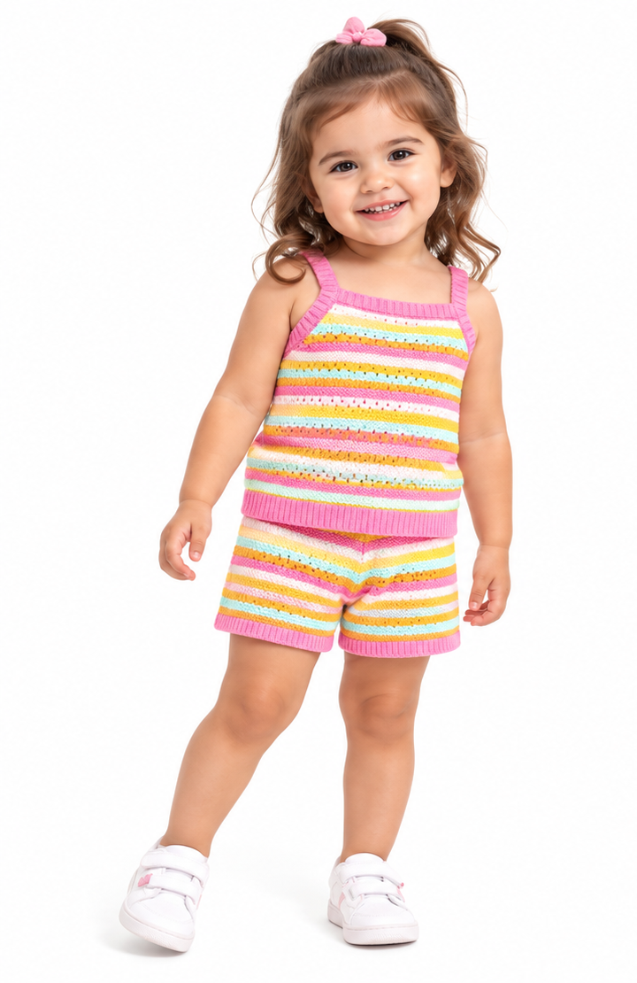 Girls Pastel Multi-Stripe Knit Cami & Shorts Set