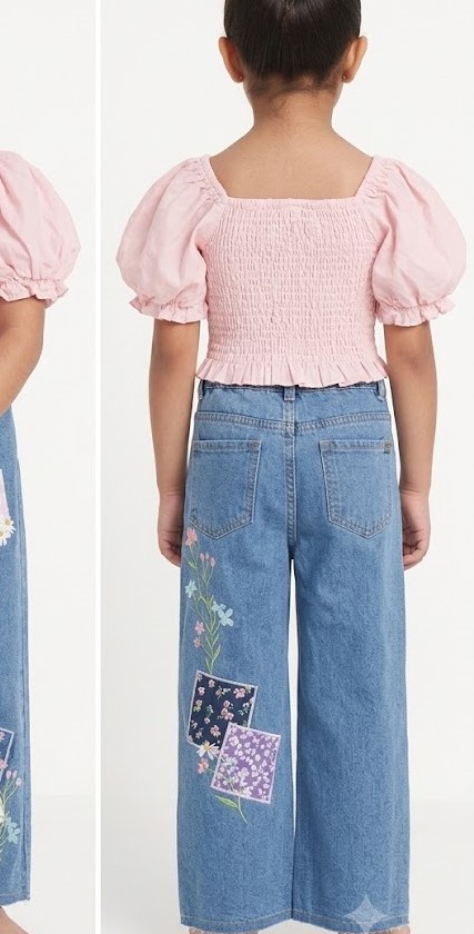 Girls Pink Smocked Crop Top & Floral Patch Jeans Set
