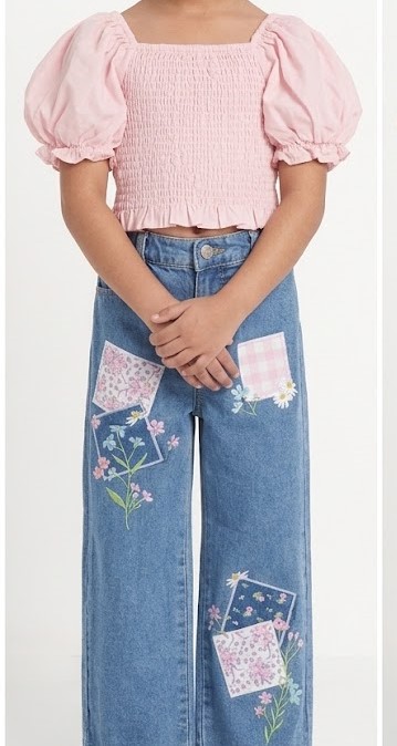 Girls Pink Smocked Crop Top & Floral Patch Jeans Set