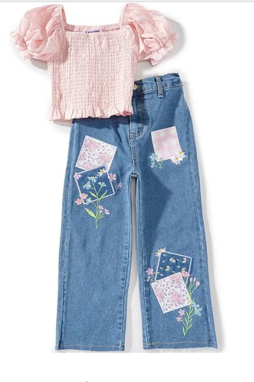 Girls Pink Smocked Crop Top & Floral Patch Jeans Set