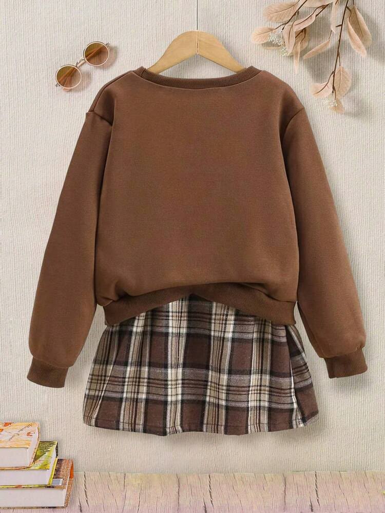 Girls Brown Varsity Sweatshirt & Plaid Pleated Skirt Set