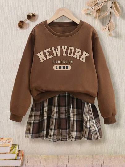 Girls Brown Varsity Sweatshirt & Plaid Pleated Skirt Set