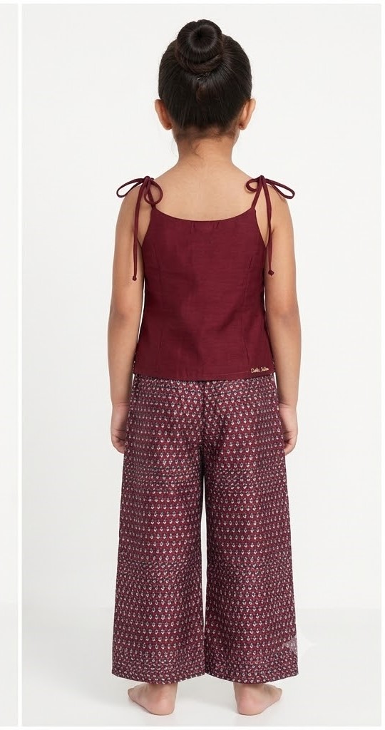 Girls Maroon Scalloped Sequin Peplum Cami & Palazzo Set