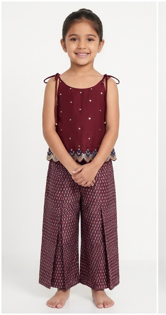 Girls Maroon Scalloped Sequin Peplum Cami & Palazzo Set