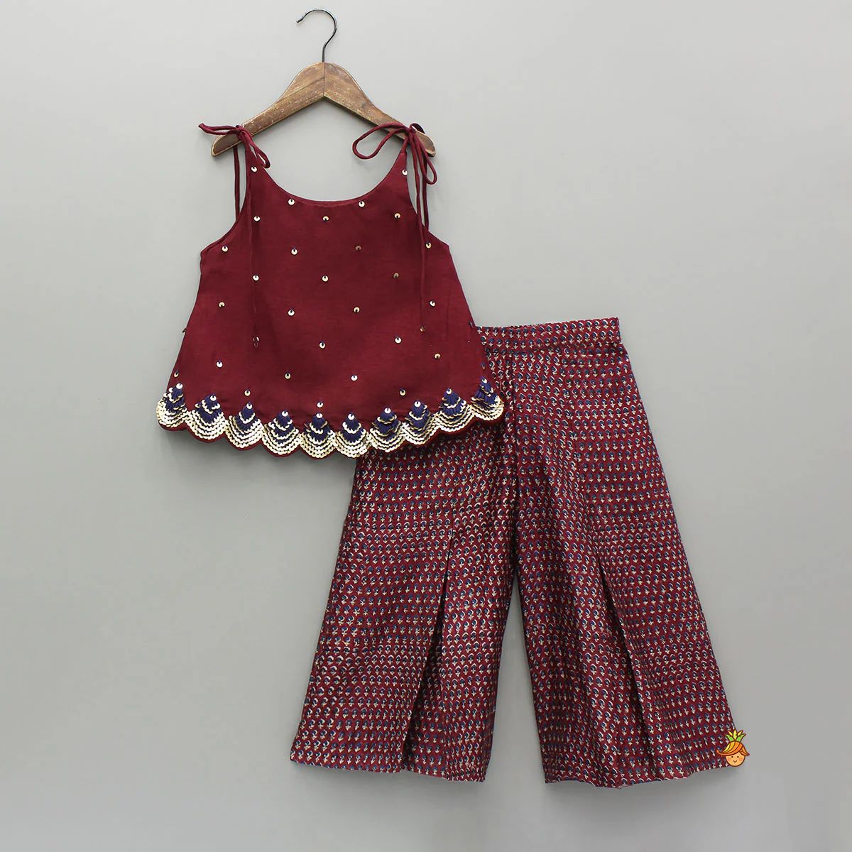Girls Maroon Scalloped Sequin Peplum Cami & Palazzo Set