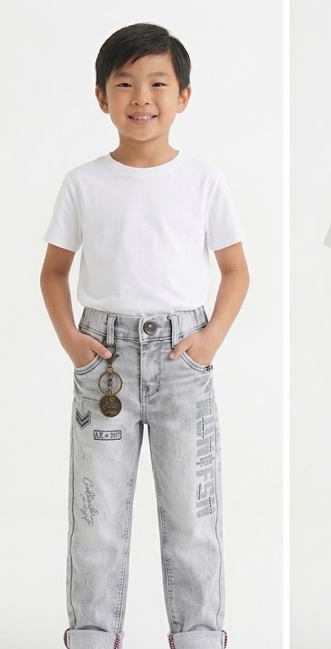 Kids Light Wash Graphic Print Biker Jeans with Keychain
