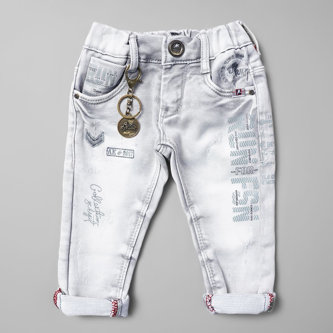 Kids Light Wash Graphic Print Biker Jeans with Keychain