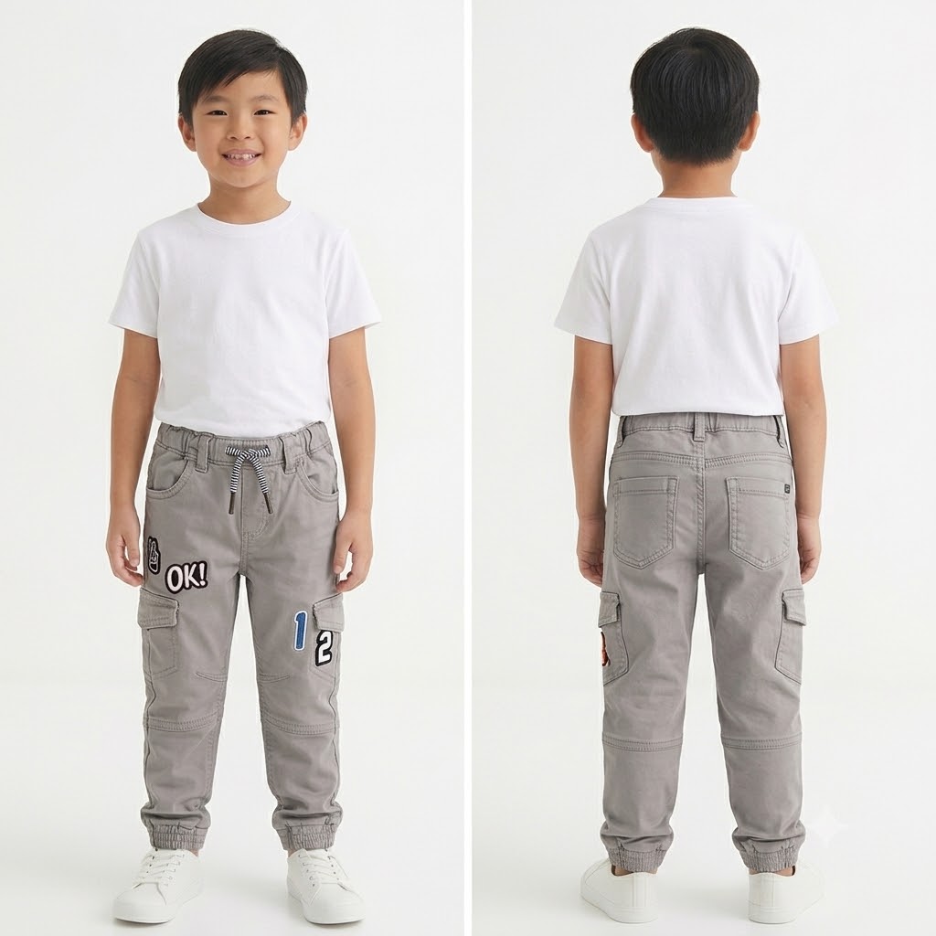 Kids Stone Grey Graphic Patch Cotton Cargo Joggers