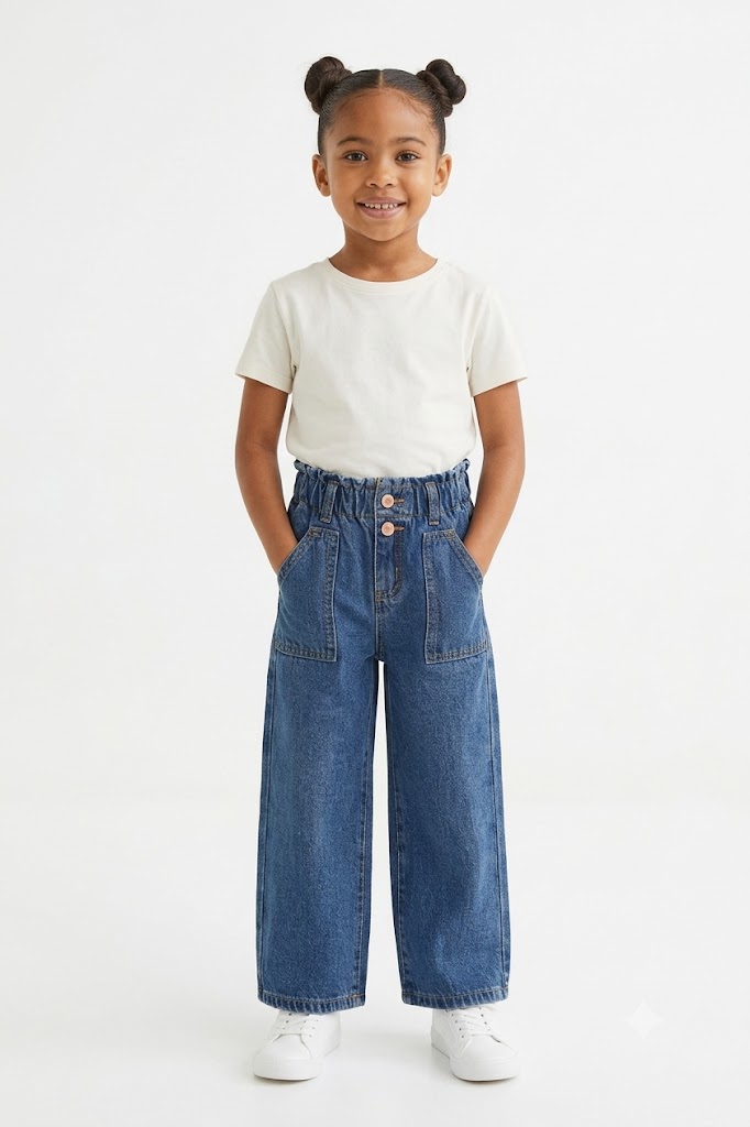 Girls Dark Blue Paperbag Waist Wide-Leg Jeans