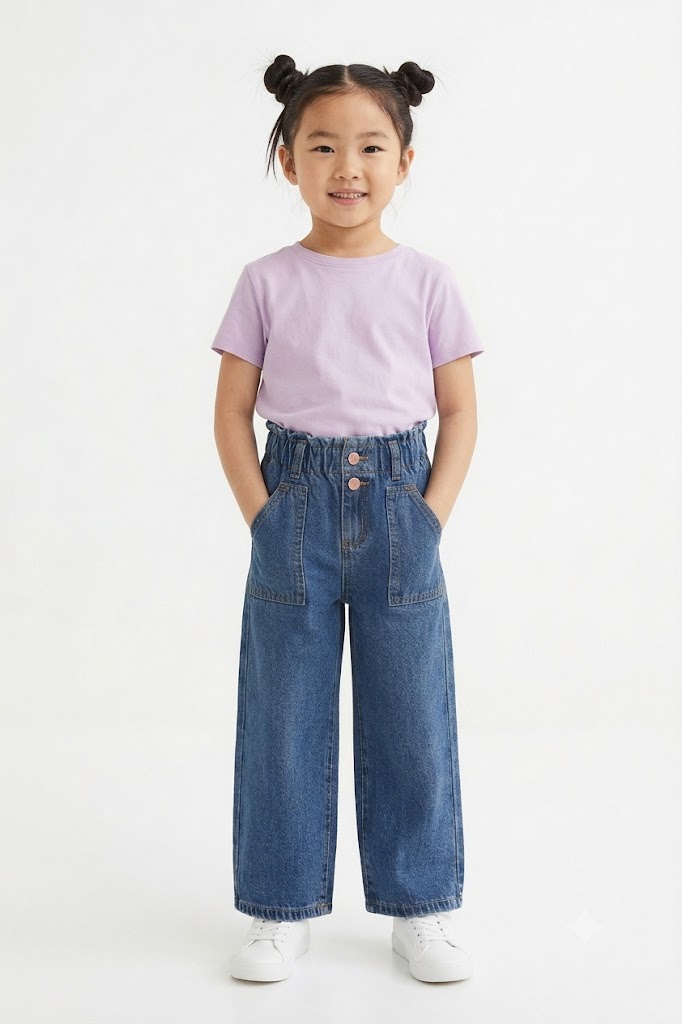 Girls Dark Blue Paperbag Waist Wide-Leg Jeans