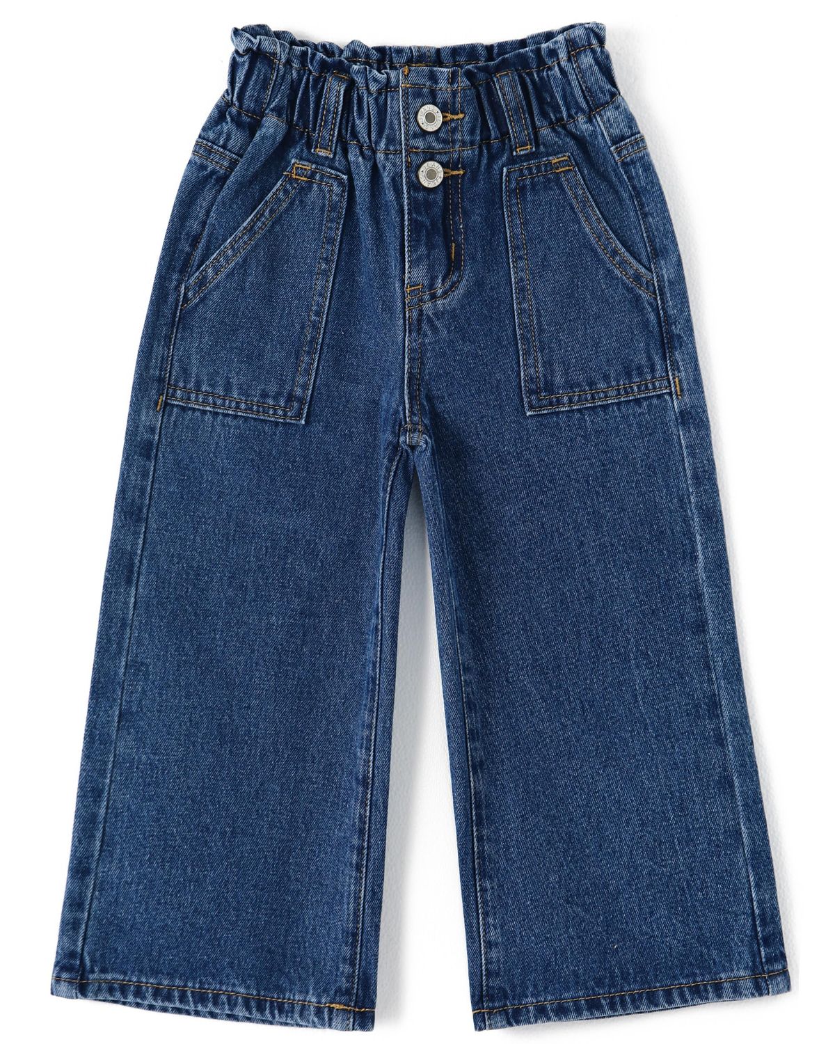 Girls Dark Blue Paperbag Waist Wide-Leg Jeans