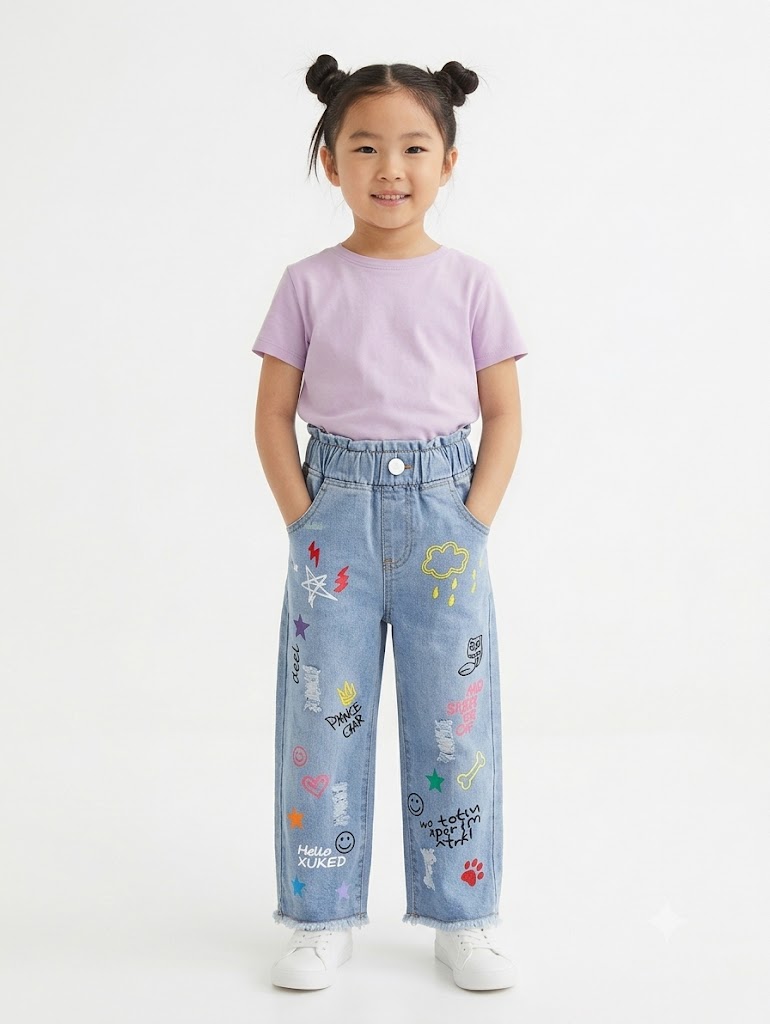 Kids Fun Doodle Print Elastic Waist Light Blue Jeans