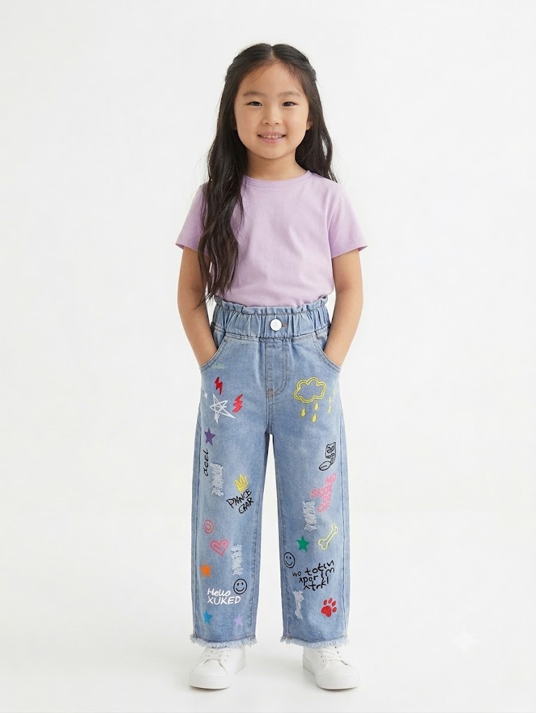 Kids Fun Doodle Print Elastic Waist Light Blue Jeans