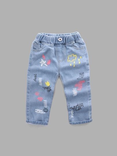 Kids Fun Doodle Print Elastic Waist Light Blue Jeans