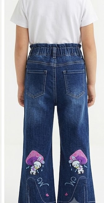 Girls Bunny & Mushroom Embroidered Slit Hem Flare Jeans