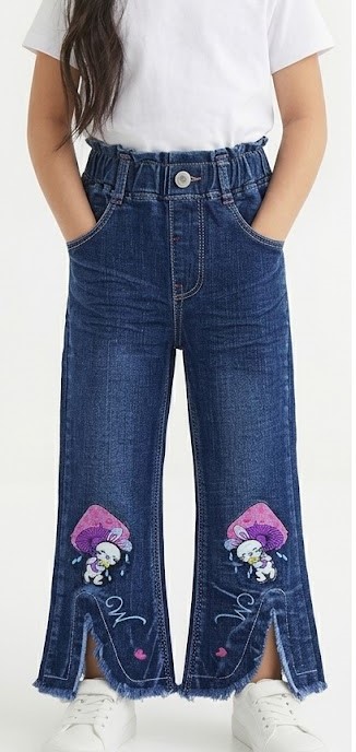 Girls Bunny & Mushroom Embroidered Slit Hem Flare Jeans