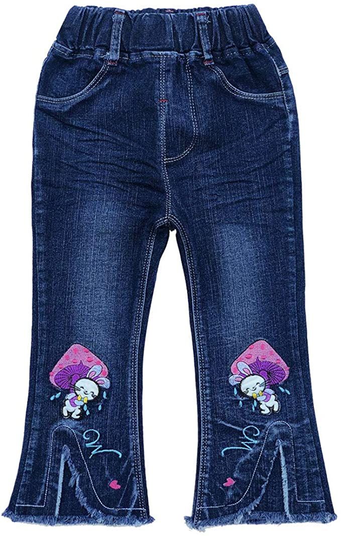 Girls Bunny & Mushroom Embroidered Slit Hem Flare Jeans
