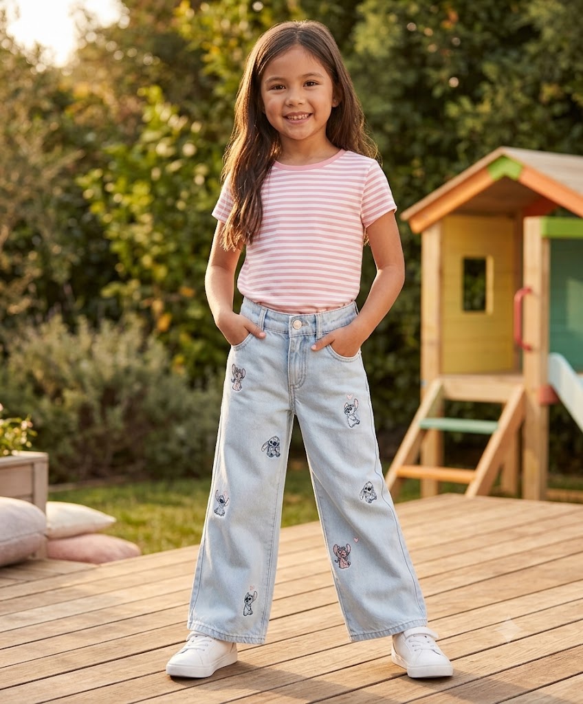 Girls Light Wash Cartoon Embroidered Straight Jeans