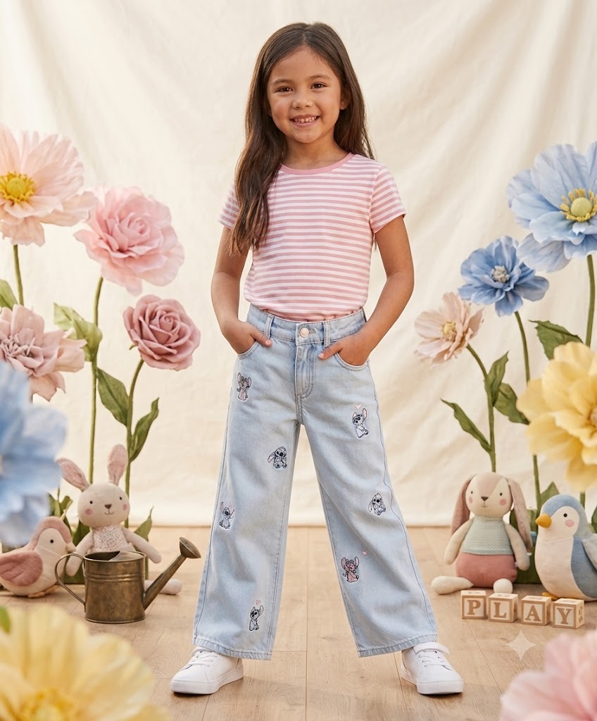 Girls Light Wash Cartoon Embroidered Straight Jeans