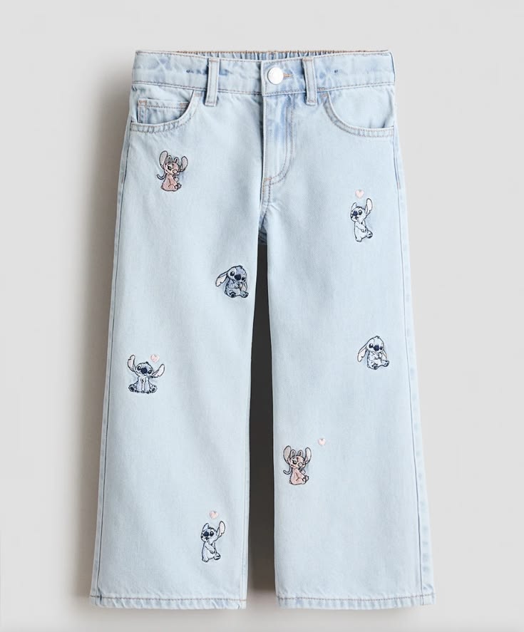 Girls Light Wash Cartoon Embroidered Straight Jeans